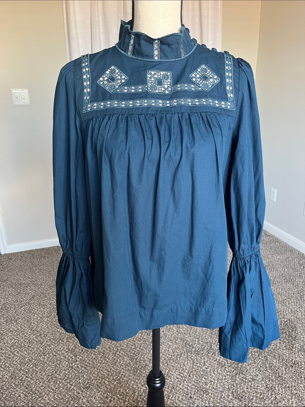 Free People Another Eternity Victorian Peasant Mock Neck Embroidered Blouse S